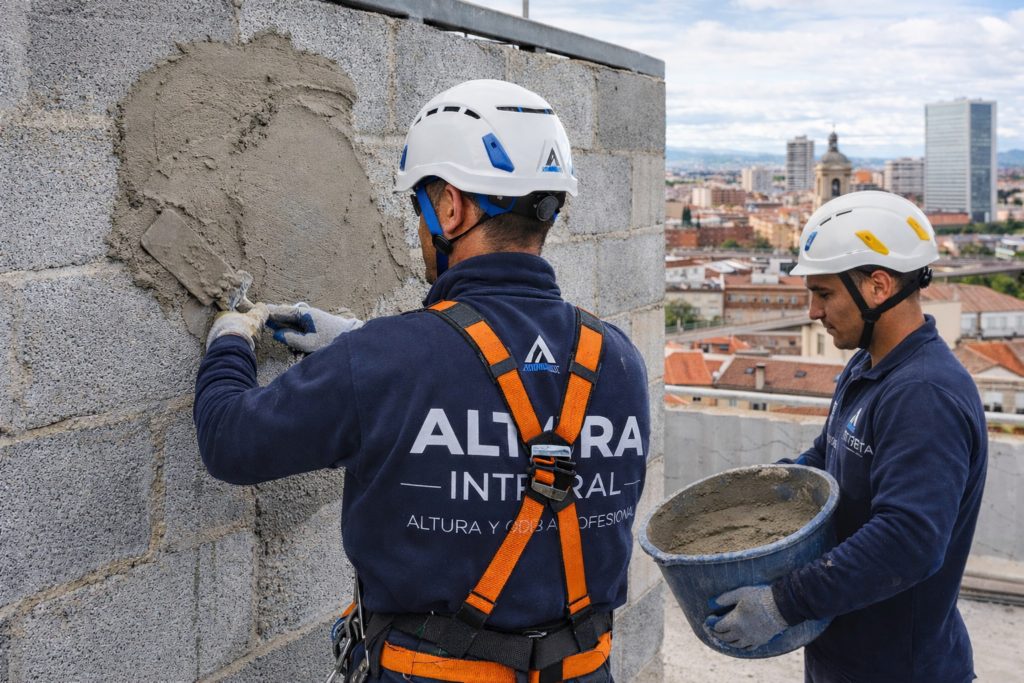 Operario aplicando mortero en fachada